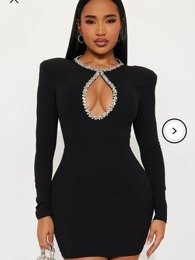 Black Long-Sleeve Cocktail Dress with Rhinestone Keyhole Accent